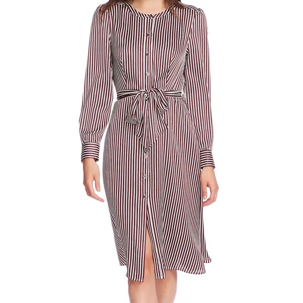 COURT & ROWE Silk Crosby Stripe Long Sleeve Shirtdress (Soft Ecru)